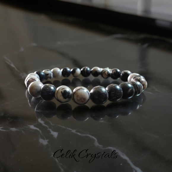 Jewelry - Black Spider Web Jasper Bracelet 8mm Natural Stones Unisex Healing Stret…